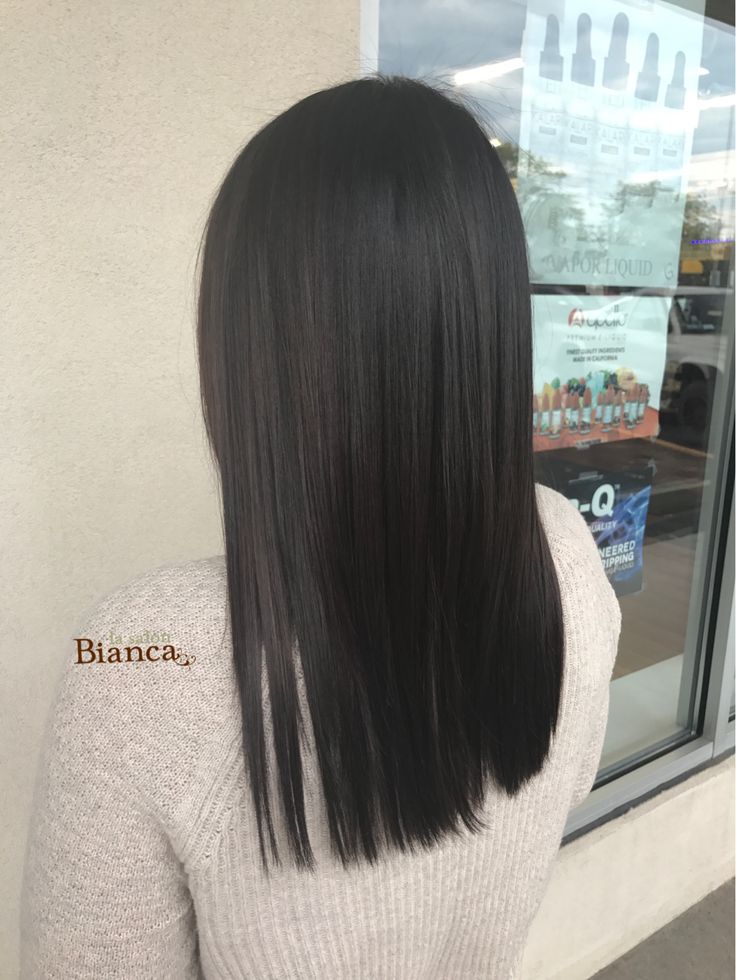 Straight Black Hair Balayage, Medium Length Haircut Black Hair, Mid Length Black Hair, Dark Hair Straight, Black Medium Hair, Black Hair Haircut, Express Blowout, Haircut Dark Hair, Dark Hair With Dimension