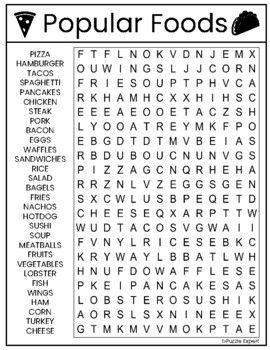 the word search for popular foods is shown in this printable puzzle game, which includes words and pictures