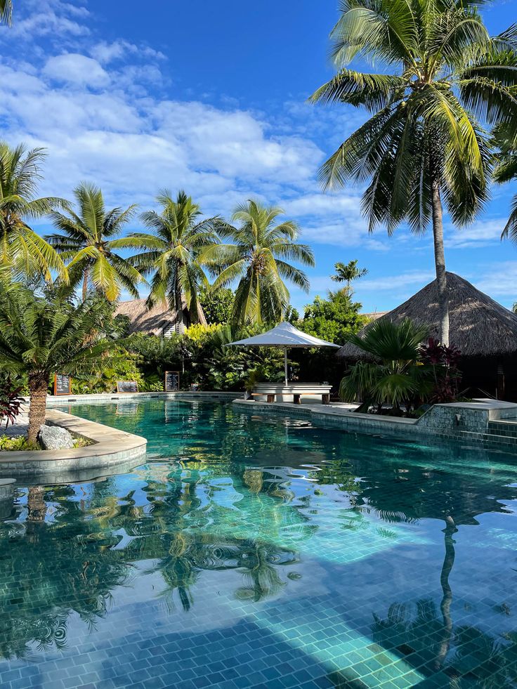 an outdoor swimming pool surrounded by palm trees