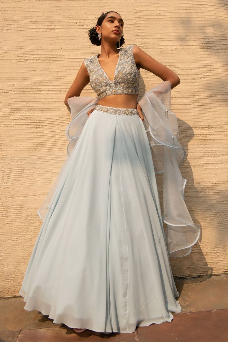 Buy Kaaisha by Shalini Blue Georgette Pleated Lehenga And Blouse Set Online | Aza Fashions Ruffle Lehenga Designs, Pleated Lehenga, Long Skirt Top Designs, Ruffle Lehenga, Ruffle Dupatta, Lehenga And Blouse, Long Skirt And Top, Simple Lehenga, Blue Pleated Skirt