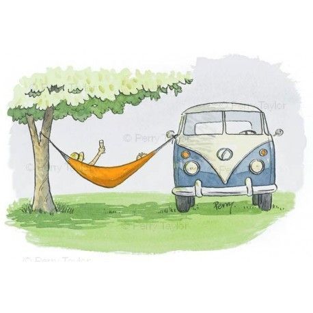 a vw bus parked next to a tree with a hammock hanging from it