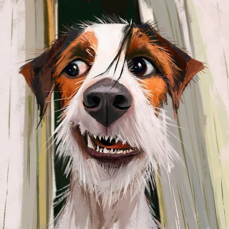 a painting of a dog with its mouth open and his teeth are white, brown and black