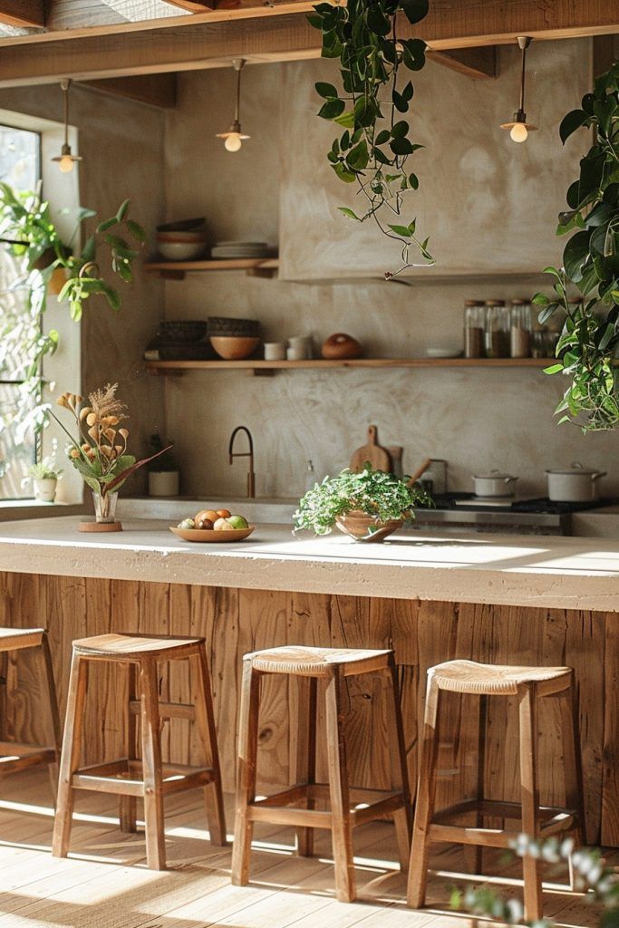 an open kitchen with wooden stools and plants hanging from the ceiling over the counter