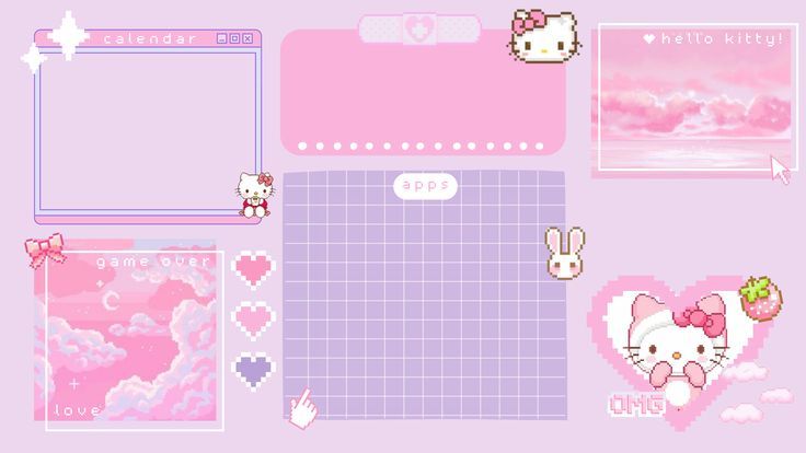hello kitty desktop wallpapers are shown in pink and purple colors, with hearts
