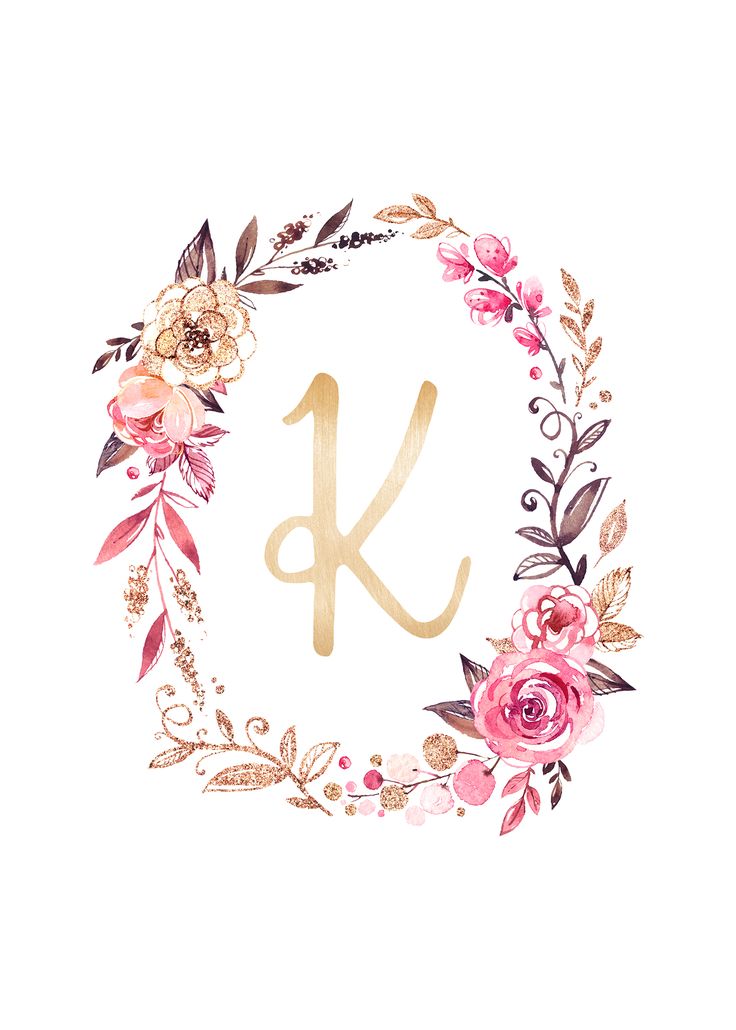 the letter f is surrounded by pink flowers and gold leafy branches on a white background