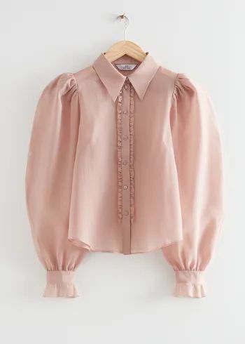 Puff Sleeve Frilled Blouse - Pink - Blouses - & Other Stories US Blouse Designs Hijab, Stand Collar Blouse, Corset Blouse, Frill Blouse, Silk Blouses, Women Blouses Fashion, Balloon Sleeve Blouse, Chic Blouses, Simply Chic