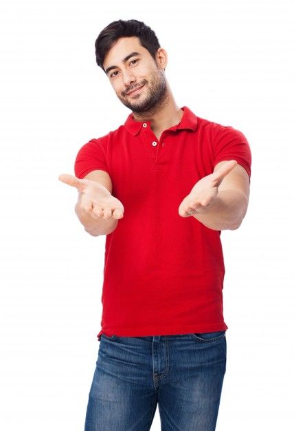 a man in a red shirt pointing at something with his finger on the other hand