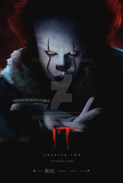it movie poster with penny the clown holding something in his mouth and looking at camera