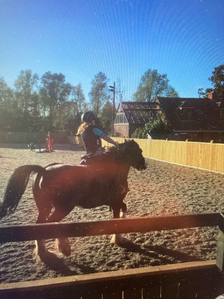 a woman riding on the back of a brown horse next to a wooden fence in an arena