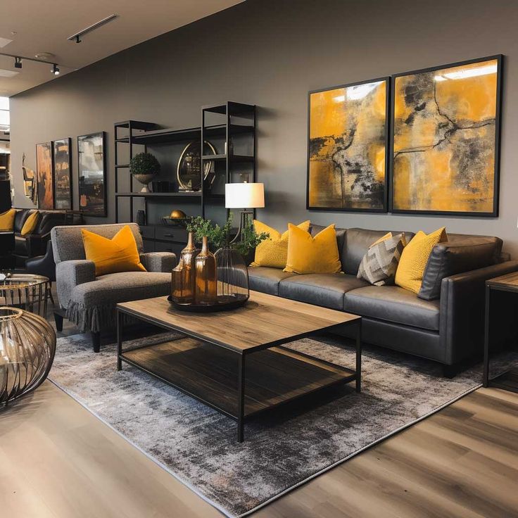 a living room filled with lots of furniture and yellow pillows on top of the couches