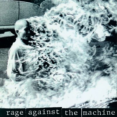 a man standing in front of a fire with the words rage against the machine on it