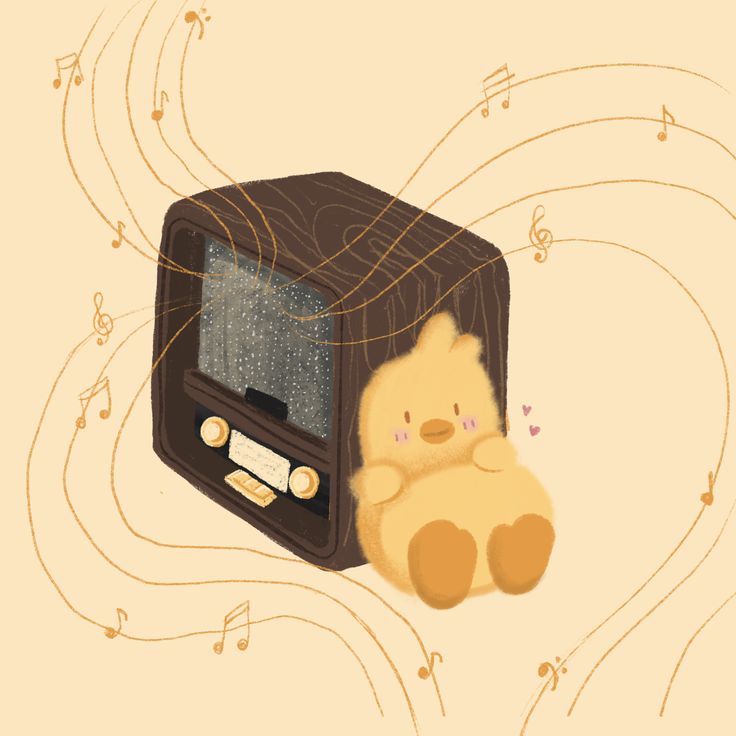 a brown teddy bear sitting in front of a small tv with music notes coming out of it