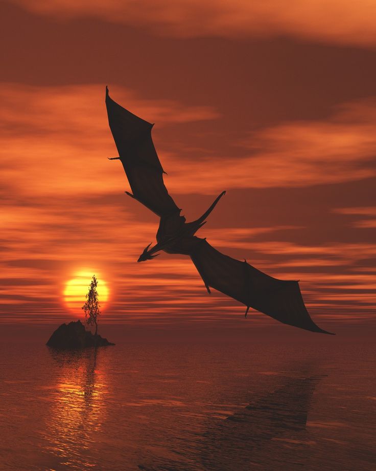 a large bird flying over the ocean at sunset with a ship in the distance and a person on a small boat behind it