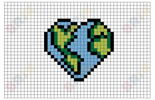 a cross stitch pattern with the shape of a heart in blue and yellow colors on a white background