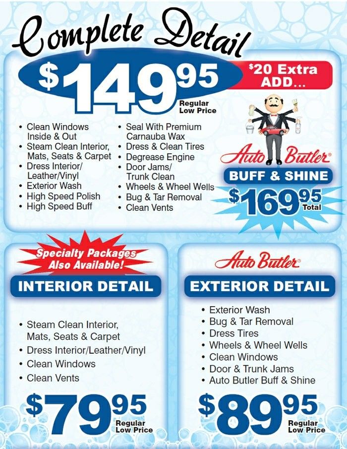 the flyer for an auto detailing store with prices and details in blue, white and red