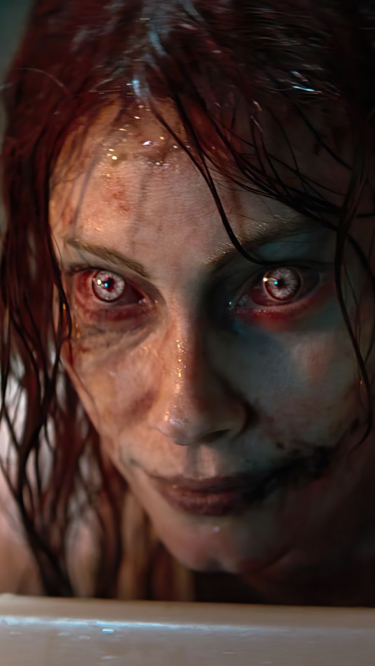 a woman with blood on her face and eyes