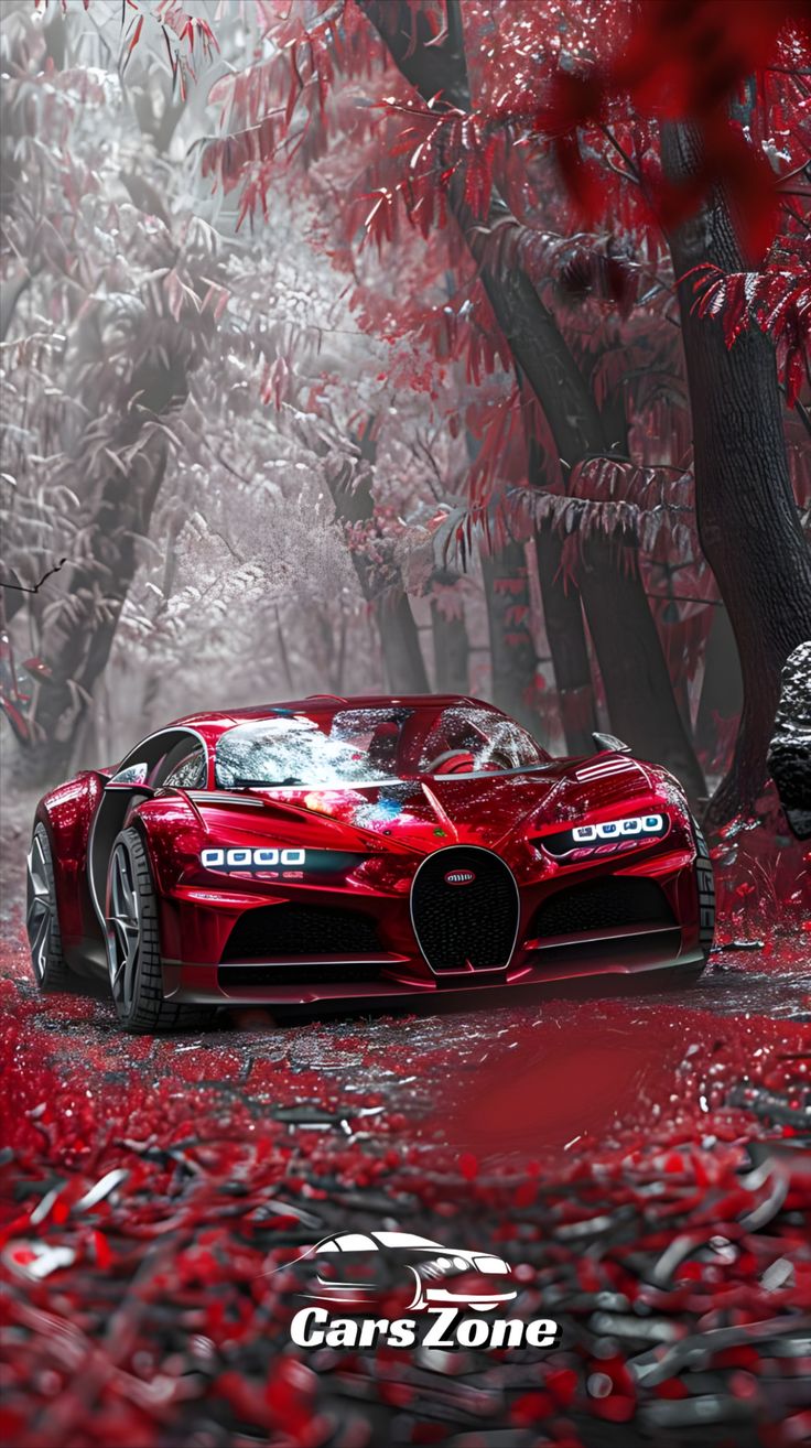 a red sports car parked in the middle of a forest