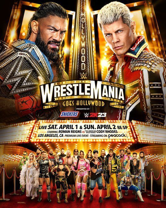 the poster for wwe's wrestling mania, featuring two men and one woman in front of