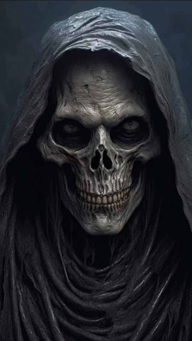 a skeleton wearing a black cloak and holding a knife