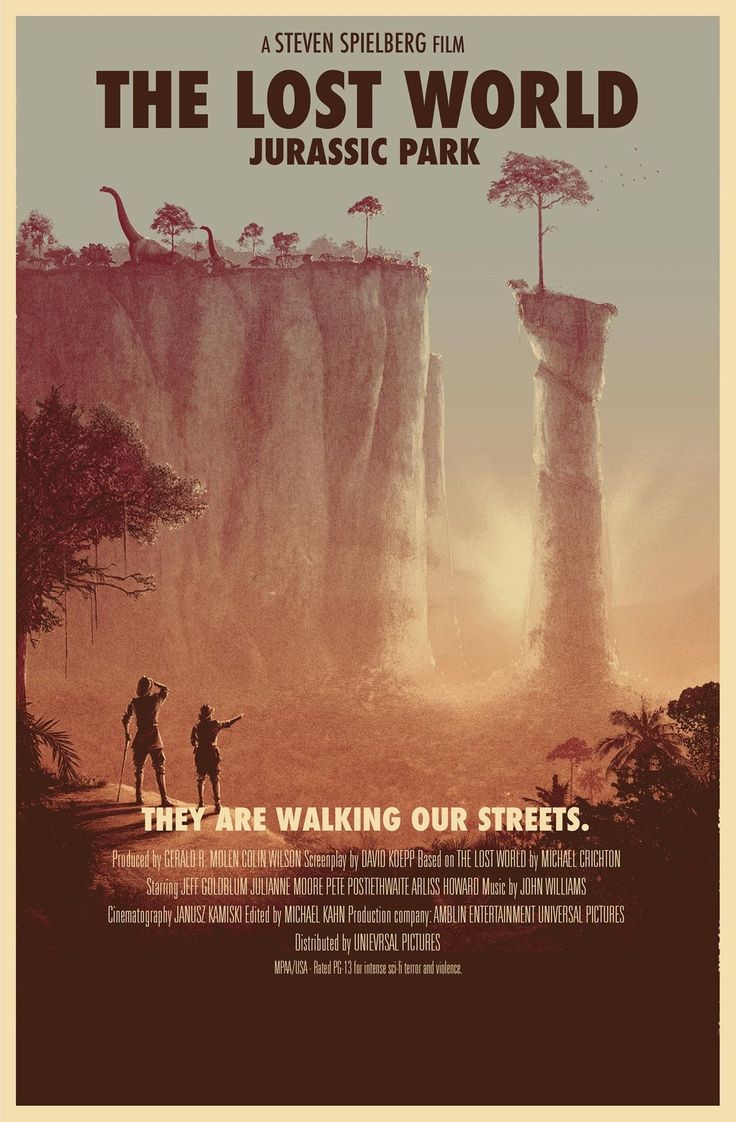 a movie poster for the lost world with two people standing in front of a cliff
