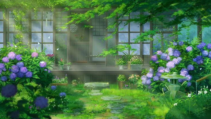 a painting of a house surrounded by flowers and greenery with sunlight streaming through the windows
