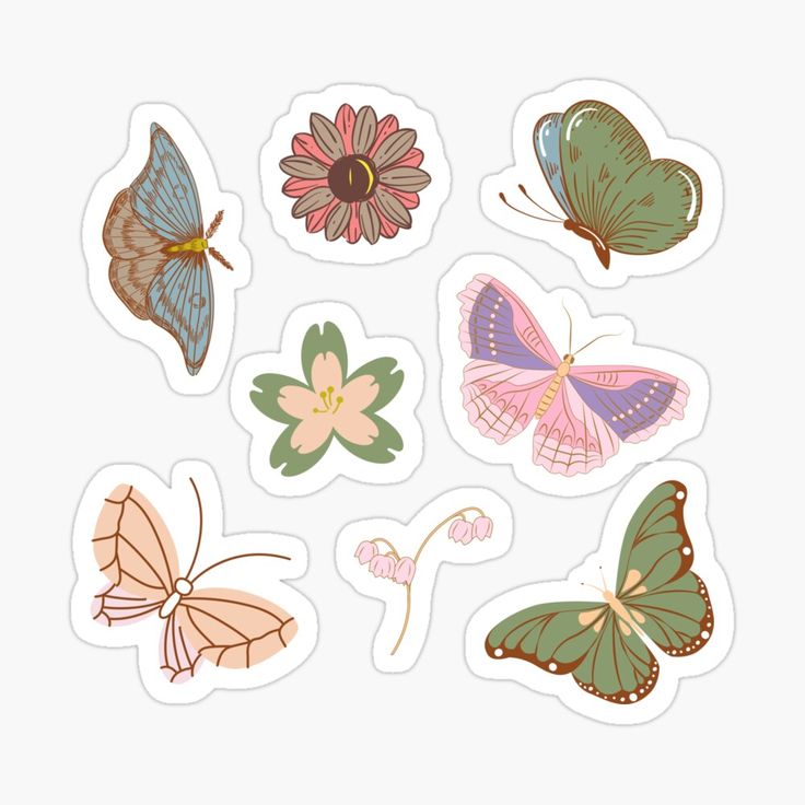 six different butterflies stickers on a white background