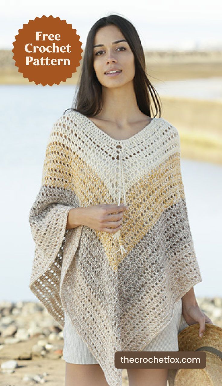 a woman wearing a crochet ponchy with the text free crochet pattern