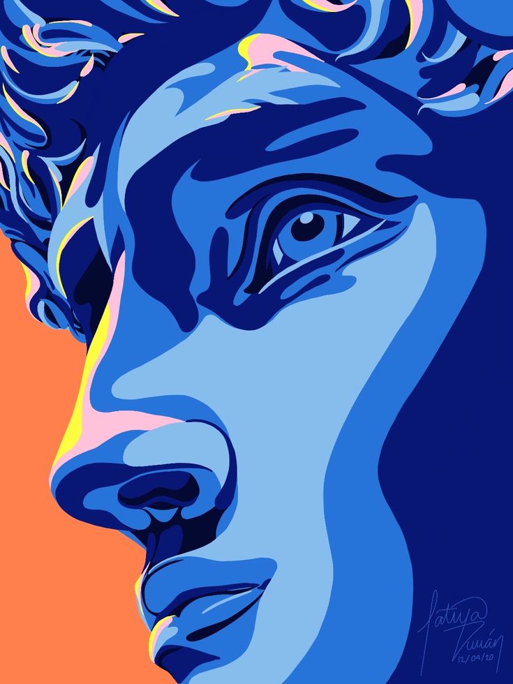 a painting of a man's face on an orange and blue background