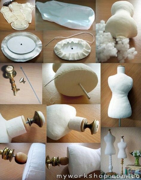 many different types of items being made on a wooden table with white cloths and buttons