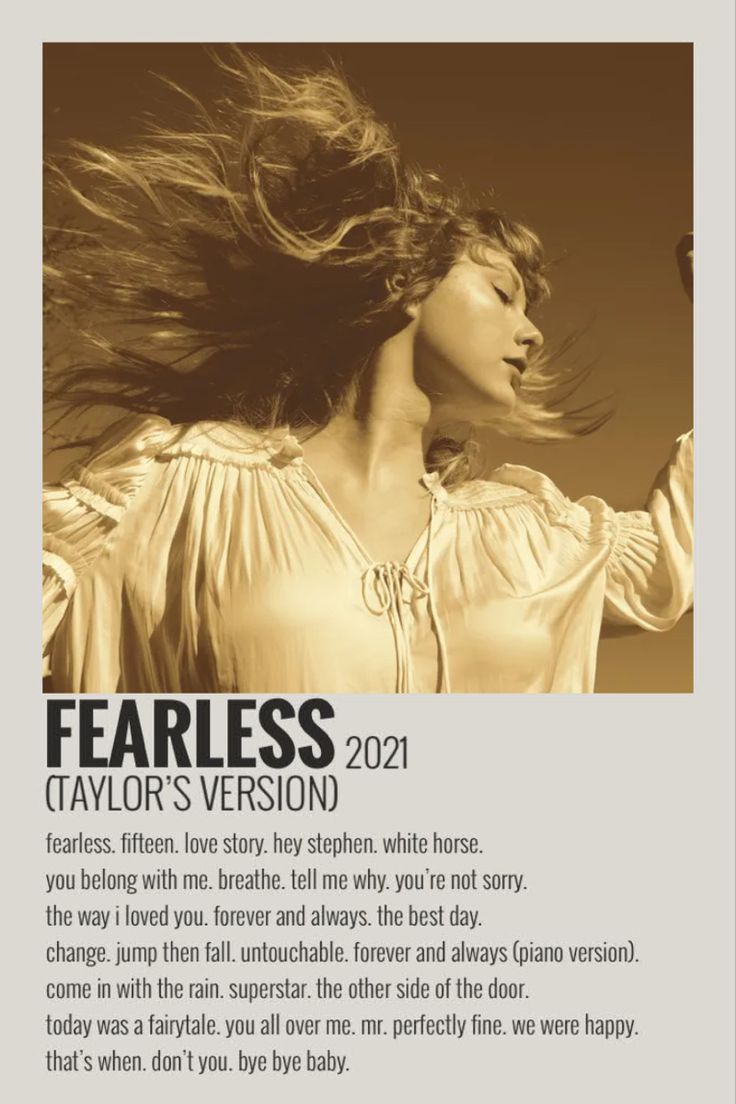 a woman with her hair blowing in the wind and text fearless taylor's version