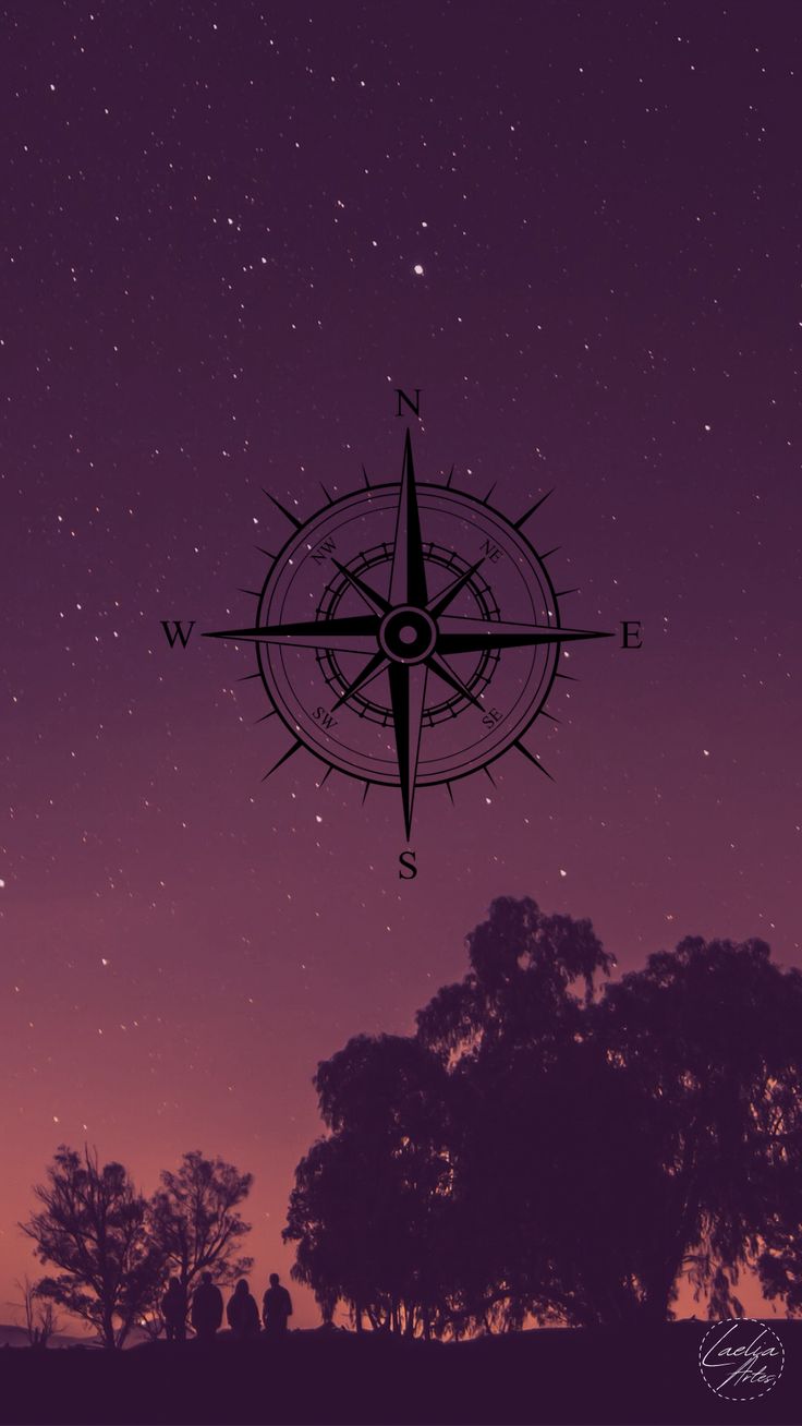a compass is shown in the middle of a night sky with trees and people looking at it