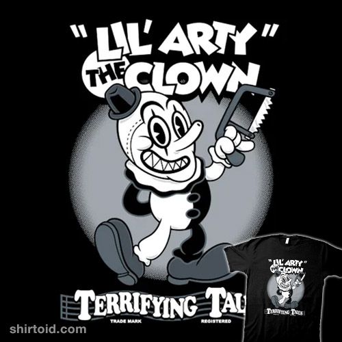 a cartoon character holding a knife in his hand with the words ill arty the clown on