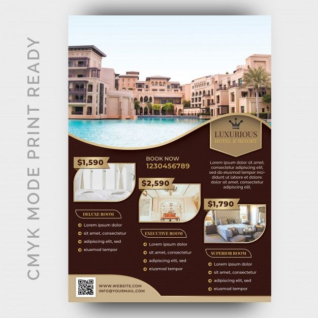 a brochure for a luxury hotel with an image of a pool and buildings