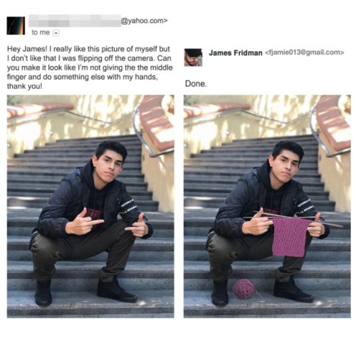 the man is sitting down on the stairs with his hand up and pointing at something