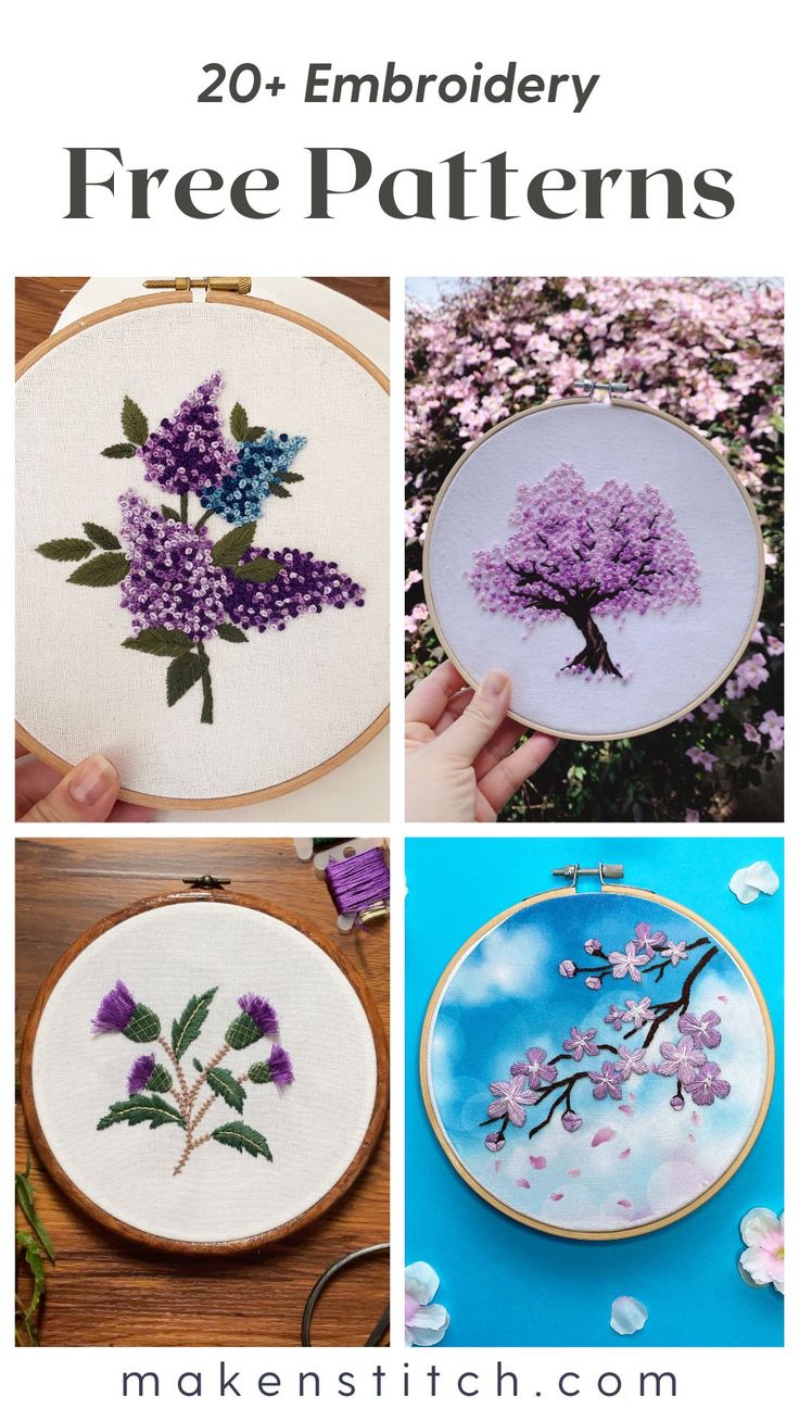 four different pictures with the words 20 embroidery free patterns on them, including flowers and leaves