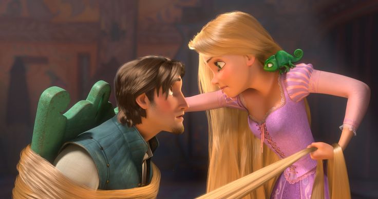 barbie and rap from tangled tale with long blonde hair blowing out tongue to face each other