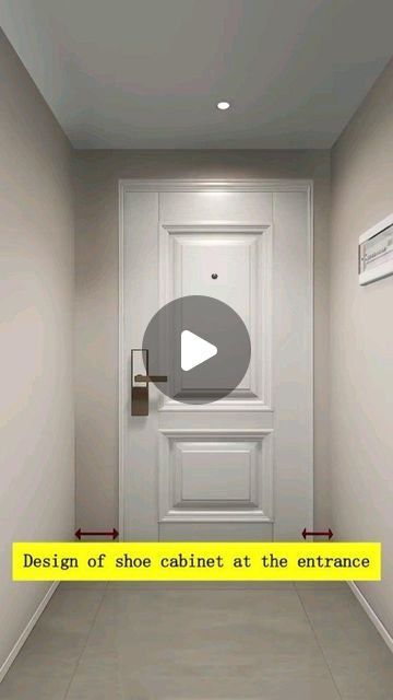 the video shows an empty hallway with white walls and yellow tape on the door, which reads design of shoe cabinet at the entrance