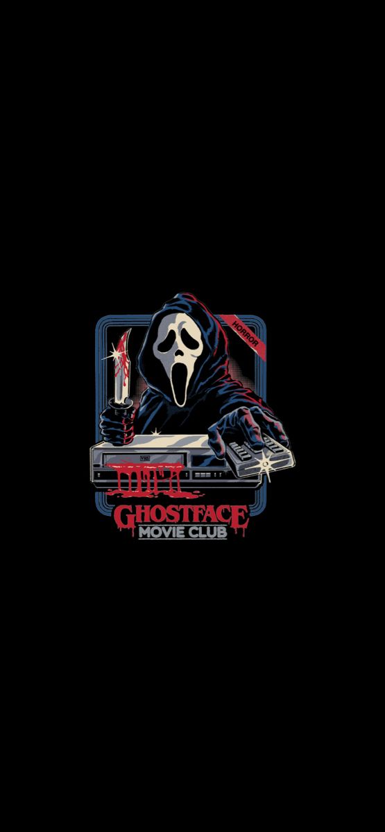 the ghostface movie club logo is shown in black and red, with an image of a