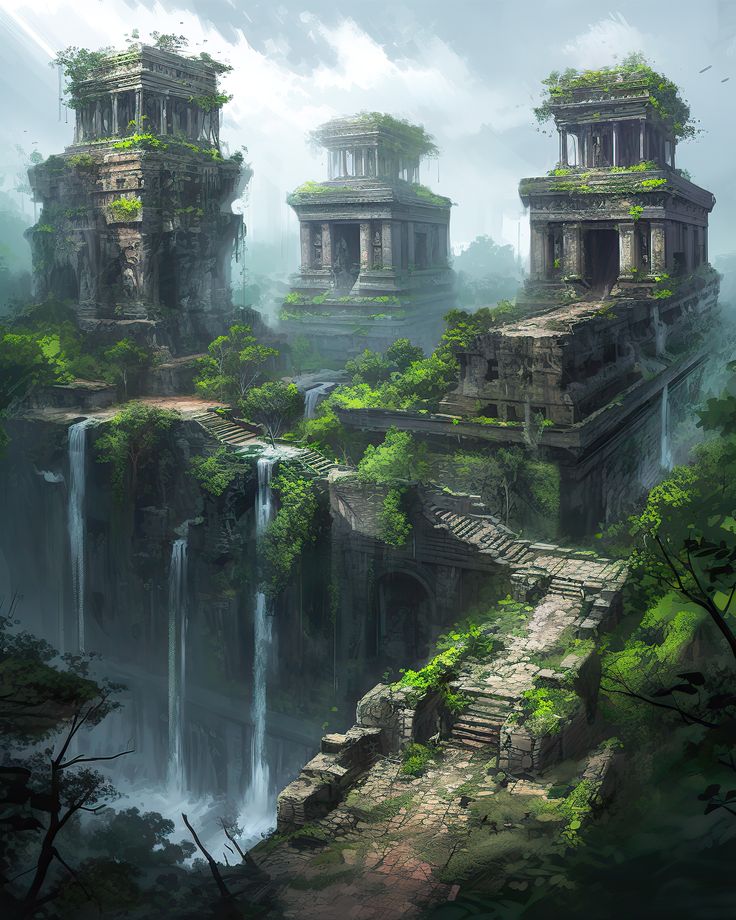 an artist's rendering of some ruins in the woods with waterfalls and trees