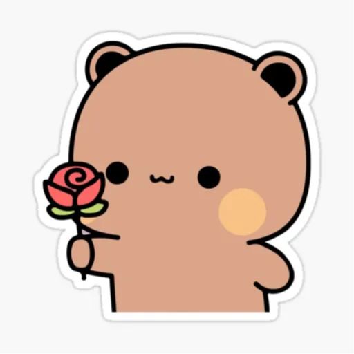 a brown teddy bear holding a flower sticker