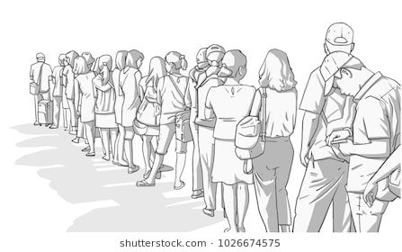 a line of people standing in a long line with one person looking at the other