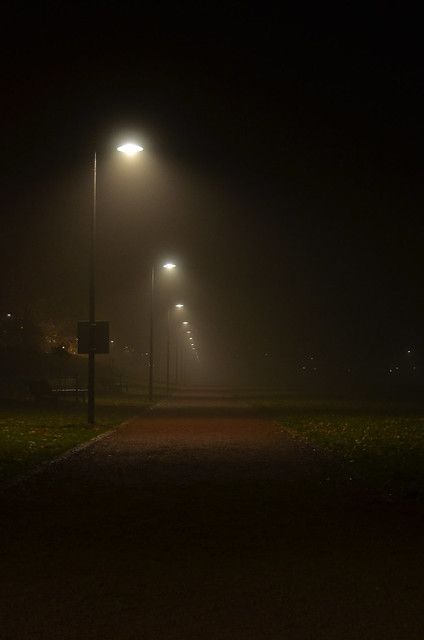 a foggy night with street lights on the side of a road and grass field