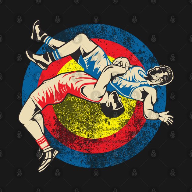 two men are wrestling in front of a bulls eye logo on a black background with red, yellow and blue colors