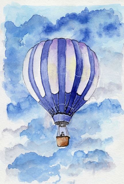 a watercolor painting of a hot air balloon in the sky with clouds behind it