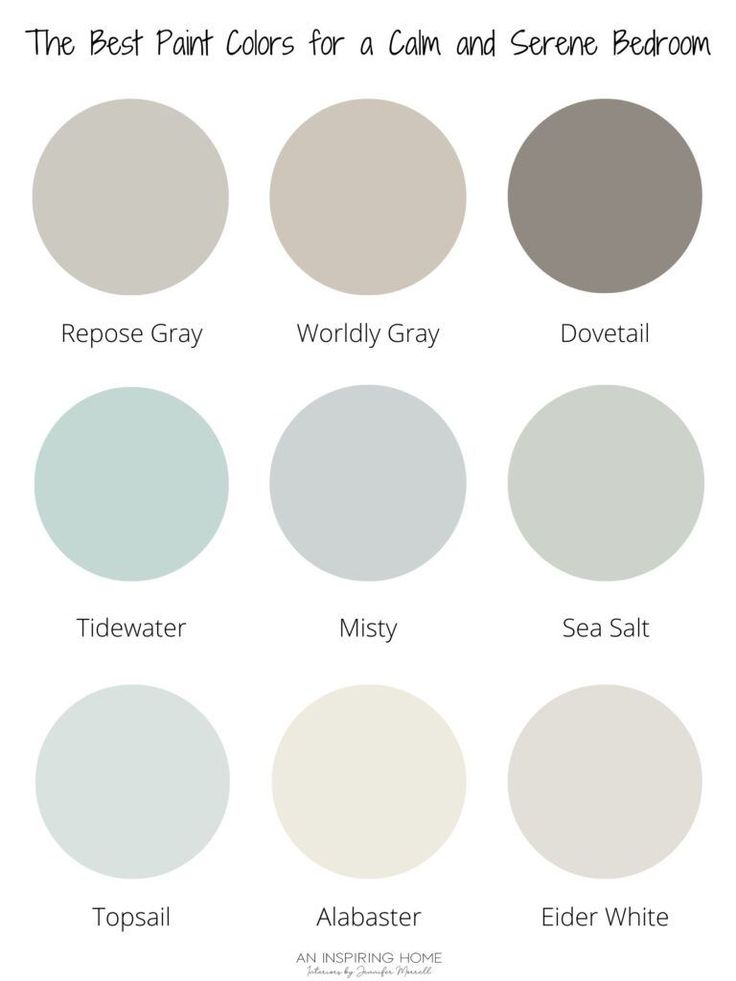 the best paint colors for a calm and serene bedroom in shades of gray, white, blue