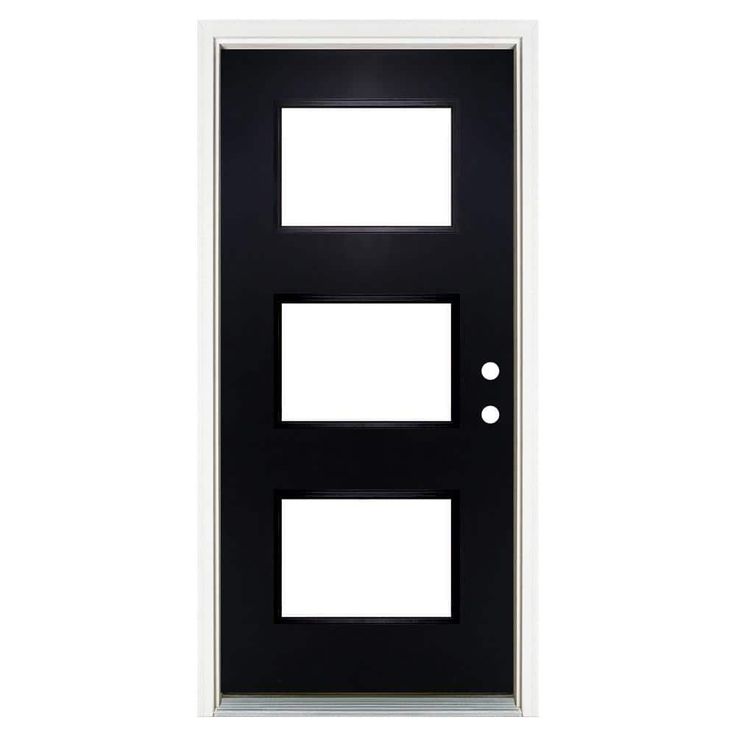 a black door with two white squares on the front and side panels, against a white background