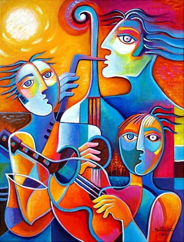 a painting of two people playing instruments