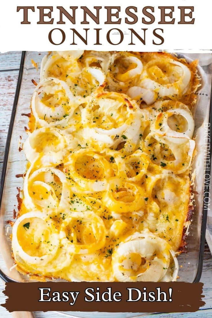 a casserole dish with cheese and onions on top