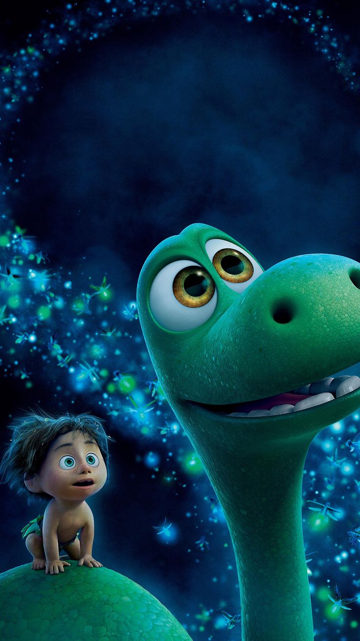 the good dinosaur is sitting on top of a green ball and looking at another character