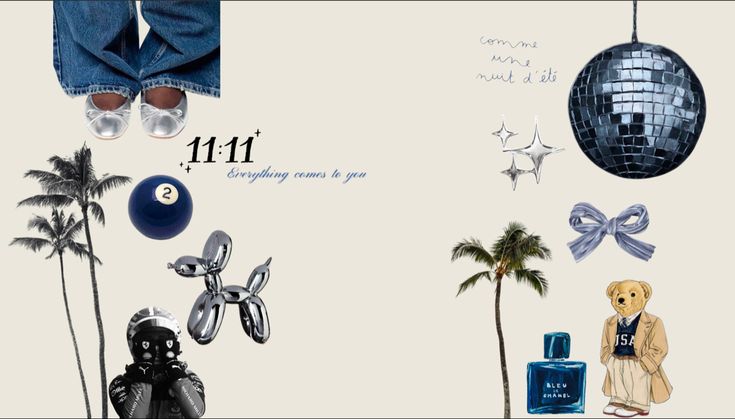 a collage of various items including shoes, balls and palm trees with the words 11 11 written on them